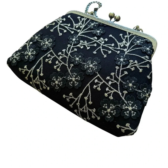 Evening Floral Top Handle Shoulder Handbag Black Gold Chain Vintage Look - Picture 9 of 11